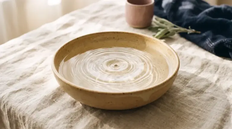 Cuenco de cerámica con agua y ondas concéntricas sobre un mantel de lino
