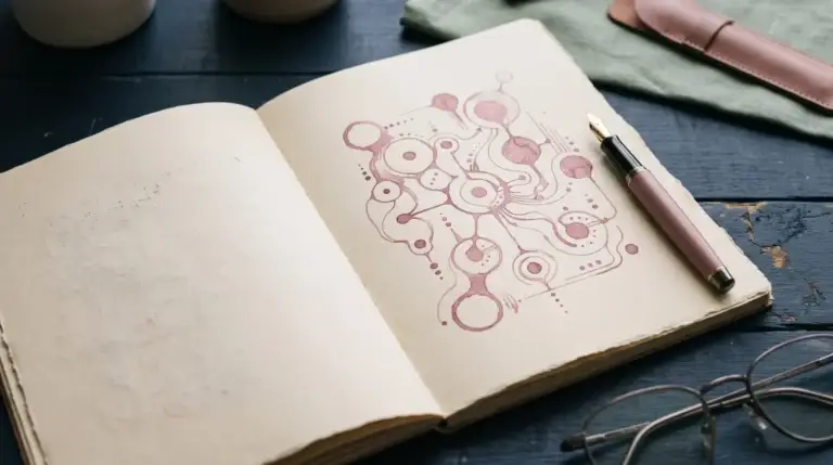 Cuaderno abierto con un diagrama dibujado a mano, pluma y gafas sobre un escritorio oscuro